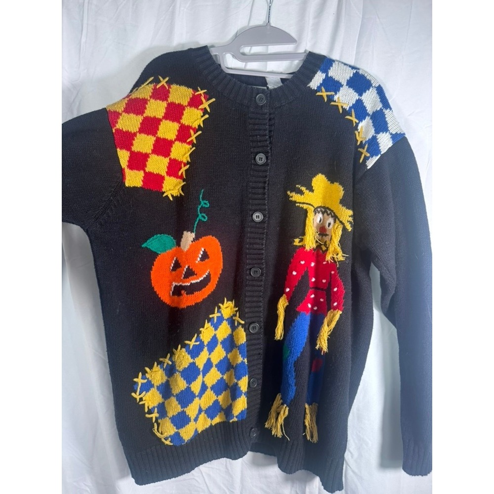 Vintage 90s Halloween Cardigan Sweater Scarecrow Pumpkin Patchwork Size XL - Picture 2 of 6